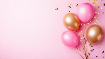 Airy pink and gold balloons creating a against atmosphere festive a solid pink background adorned with scattered confetti photo