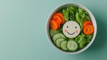 Fresh salad with a habits face promotes healthy eating smiling and a positive mindset for overall wellbeing photo