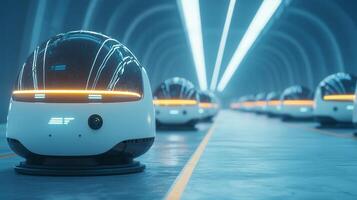Delivery representing navigating sleek underground tunnel, powered by blue robots lighting, cutting edge automated logistics technology photo