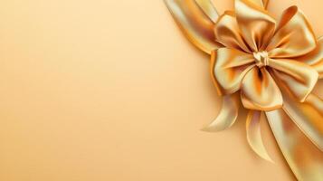 Golden decorative bow resting on neutral background, symbolizing event luxury, and sophisticated celebration, styling photo