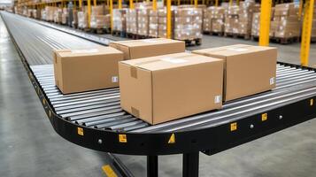 Cardboard boxes sliding along automated conveyor, showcasing logistics warehouse and efficient shipping workflow photo