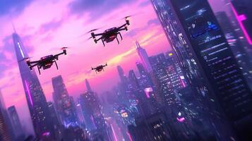 Modern representing drones flying over a futuristic city, delivery autonomous aerial transportation and advanced logistics photo