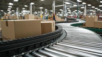 Cardboard logistics sliding along warehouse conveyor, boxes automated showcasing and efficient shipping workflow photo