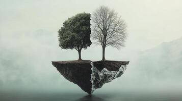 Two floating islands adorned with trees symbolize the vital need for preserving nature ecosystems maintaining healthy and photo