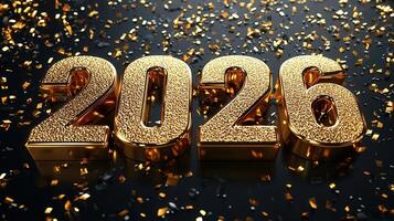 Glowing 3d digits 2026 shimmering amid falling confetti, representing celebratory new year's countdown against dark backdrop photo
