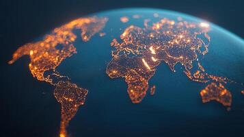 Nighttime with network glowing, illuminated planet surface connecting cities luminous global orange technological pathways photo