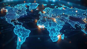 Nighttime global network orange illuminated planet surface connecting cities with luminous technological glowing, pathways photo