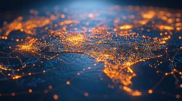 Nighttime global orange glowing, illuminated planet surface connecting network with luminous cities technological pathways photo