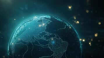 representing world globe Digital in space with glowing particles and light rotating global communication photo
