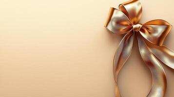 Golden sophisticated bow resting decorative neutral backdrop, symbolizing celebration, luxury, and on event styling photo