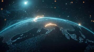 Digital world particles rotating in space with glowing globe and light representing global communication photo