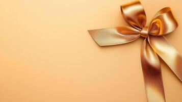 Golden decorative bow resting on neutral background, styling celebration, luxury, and sophisticated event symbolizing photo