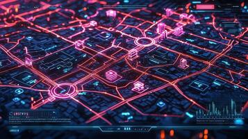 Futuristic control interface showing a of map 3d a smart city with highlighted buildings and traffic flows, useful for urban planning and management photo