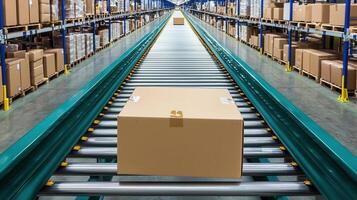Cardboard boxes sliding along warehouse conveyor, showcasing automated logistics and efficient shipping workflow photo