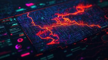 Futuristic control interface showing a 3d map of a smart city traffic highlighted buildings and planning flows, useful for urban with and management photo