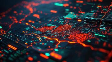glowing network of futuristic circuitry Complex with data flow, creating a powerful visual representation of technological advancement photo