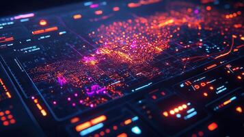 Complex network of futuristic circuitry glowing with data flow, creating a powerful visual representation of technological advancement photo