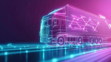 Driverless truck navigating a futuristic highway, showcasing data analysis with vibrant charts and graphs, symbolizing the transportation future of and logistics photo