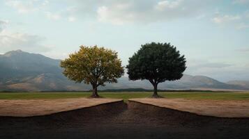 Two floating islands adorned with trees symbolize the vital need for preserving nature and maintaining healthy ecosystems photo