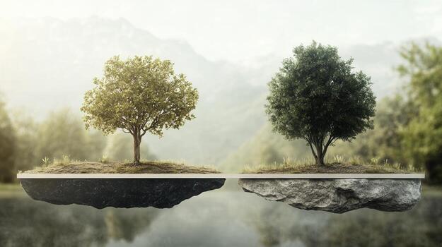 Two floating islands adorned vital trees symbolize the with need for preserving nature and maintaining healthy ecosystems photo