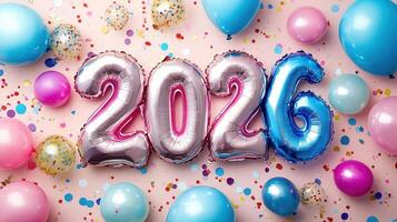 Metallic number 2026 colorful amid balloons confetti floating over soft pink backdrop, marking festive new year celebration photo