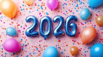 Metallic number 2026 balloons amid soft confetti floating over celebration pink backdrop, marking festive new year colorful photo