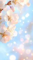 Blossoming white flowers adorning leafy branch, soft green foliage with delicate spring background photo