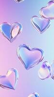 Glossy pink, purple hearts overlapping on soft gradient, representing love, passion, romantic design elements photo