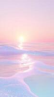 Soft pink ocean mirroring twilight sunset, radiating serene tranquility with ethereal luminescence against golden horizon photo