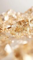 Macro close up revealing a amber crystals, highlighting intricate facets shimmering and warm, inviting glow against a white background photo