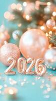 Pink foil balloons forming the number 2026 stand a on light blue surface with christmas decorations and blurred lights, celebrating the upcoming new year photo