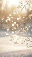 Soft snowflakes drifting branches, frosted onto golden light transforming wintry landscape into serene, enchanting scene photo