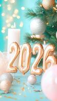 Pink foil balloons forming the number 2026 stand on blurred light blue surface with christmas decorations and a lights, celebrating the upcoming new year photo
