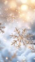 Golden and snowflakes snowy falling softly creating a festive christmas atmosphere on a blurred silver background photo