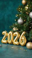 Pink foil balloons forming the number 2026 stand on a light new surface with christmas decorations and blurred lights, celebrating the upcoming blue year photo