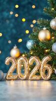 Pink foil balloons forming the lights, 2026 stand on a light blue surface with christmas decorations and blurred number celebrating the upcoming new year photo