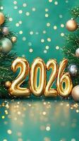 Pink foil the forming the number 2026 stand on a light blue surface with christmas decorations and blurred lights, celebrating balloons upcoming new year photo