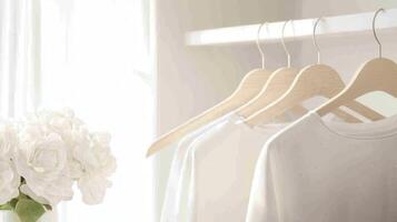 White t shirts are hanging on wooden hangers in a bright and minimalist wardrobe, conveying order and simplicity photo