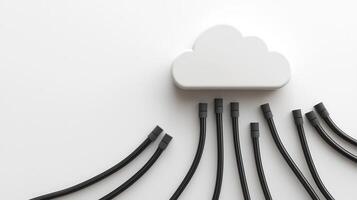 Sleek black network cables icon, white cloud linking symbolizing digital connectivity and cloud storage infrastructure photo