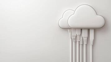 Fiber optic cables transferring data to a cloud computing icon above a laptop keyboard, symbolizing data transfer and cloud storage photo