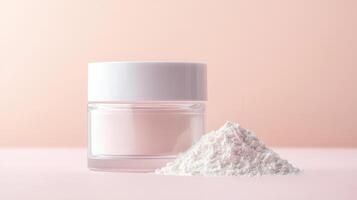 backdrop powder and cream containers are presented on a white surface Face a tropical leaf and pink flowers, illuminated by natural light against an orange with photo