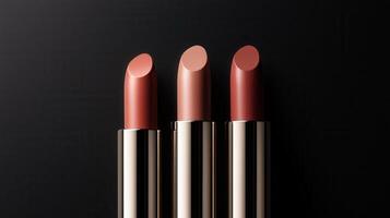 Gradient positioned lipsticks brown vertically against shadowy dark backdrop, highlighting subtle color variations photo