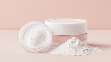 Face powder and cream containers are presented on a pink surface with a tropical leaf white and flowers, illuminated by natural light against an orange backdrop photo