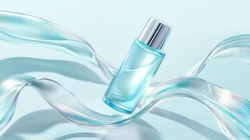 Sleek glass serum bottle with silver dropper hydration above rippling water, conveying skincare purity and luminous hovering photo