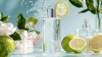 cosmetic dropper bottle rising through water splash, representing and beauty clean hydrating skincare product design photo