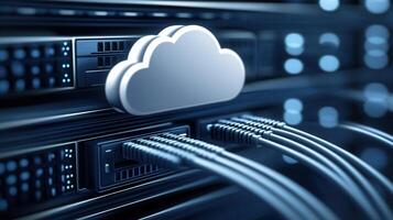 Sleek black network cables linking white cloud icon, symbolizing digital connectivity and cloud storage infrastructure photo