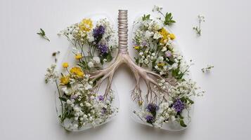 Colorful flowers symbolize lungs forming healthy respiration and clean air, promoting environmental awareness and respiratory health photo