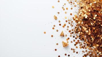 Golden glitter forms on shimmering pile a a white surface, creating a luxurious and festive backdrop photo