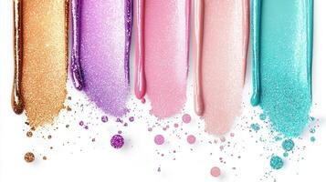 Dripping nail polish of with colors different glitter creates a vibrant and colorful beauty product display photo
