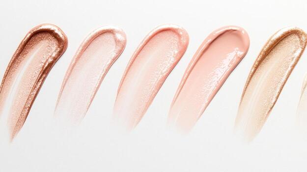 Five smears of liquid foundation makeup showing different shades, creating a gradient of colors on a clean white background photo